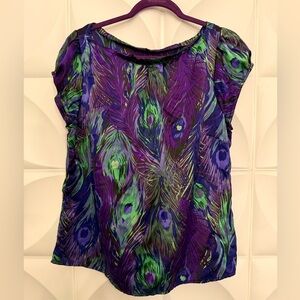 Banana Republic Purple and Green Feather Print Blouse